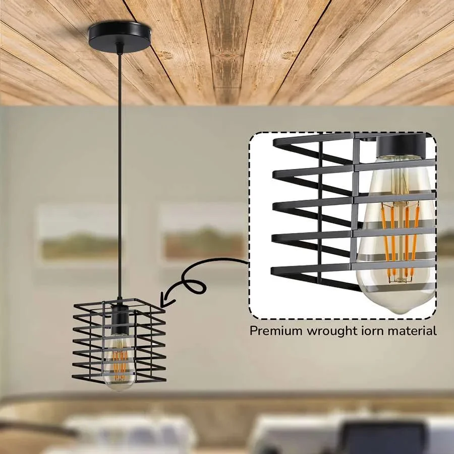 Black metal wire cage pendant light with square design hanging from ceiling, ideal for indoor vintage industrial decor