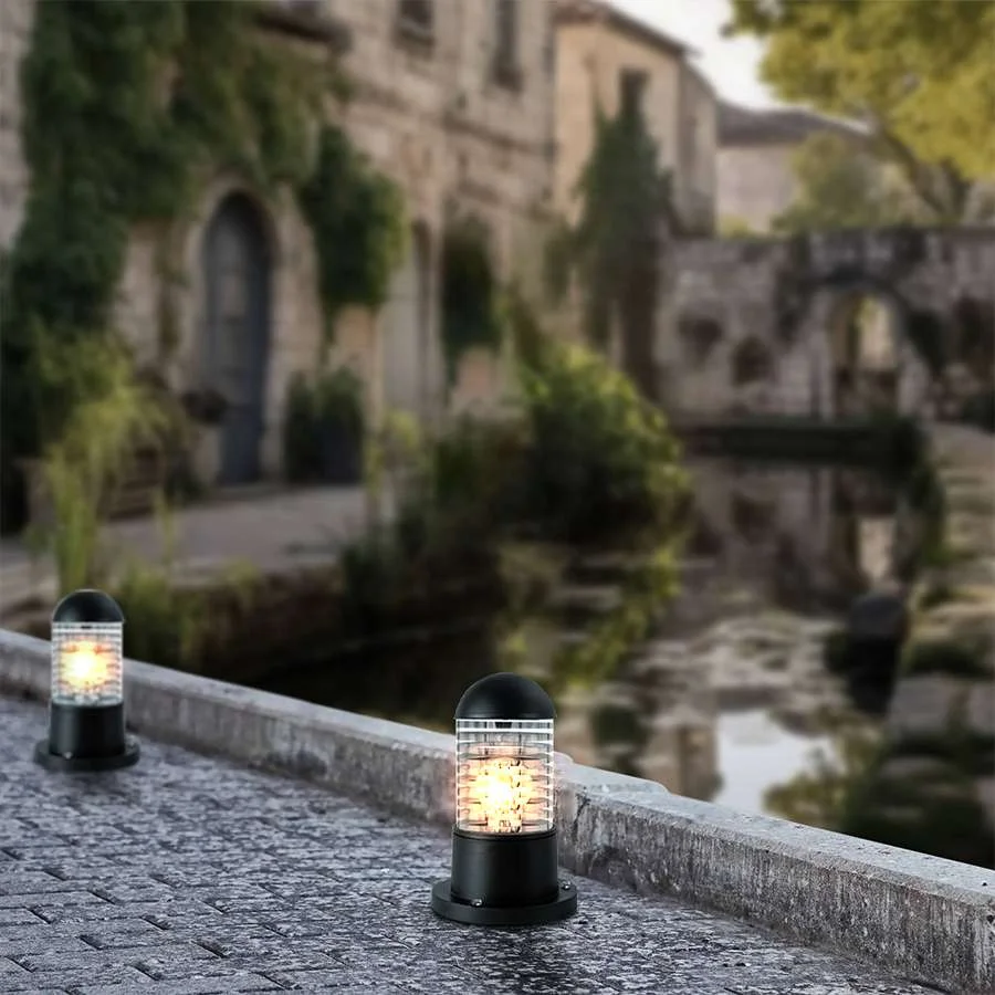 Black modern garden post lamp with cylindrical glass shade and ABS body, designed for outdoor ground mounting