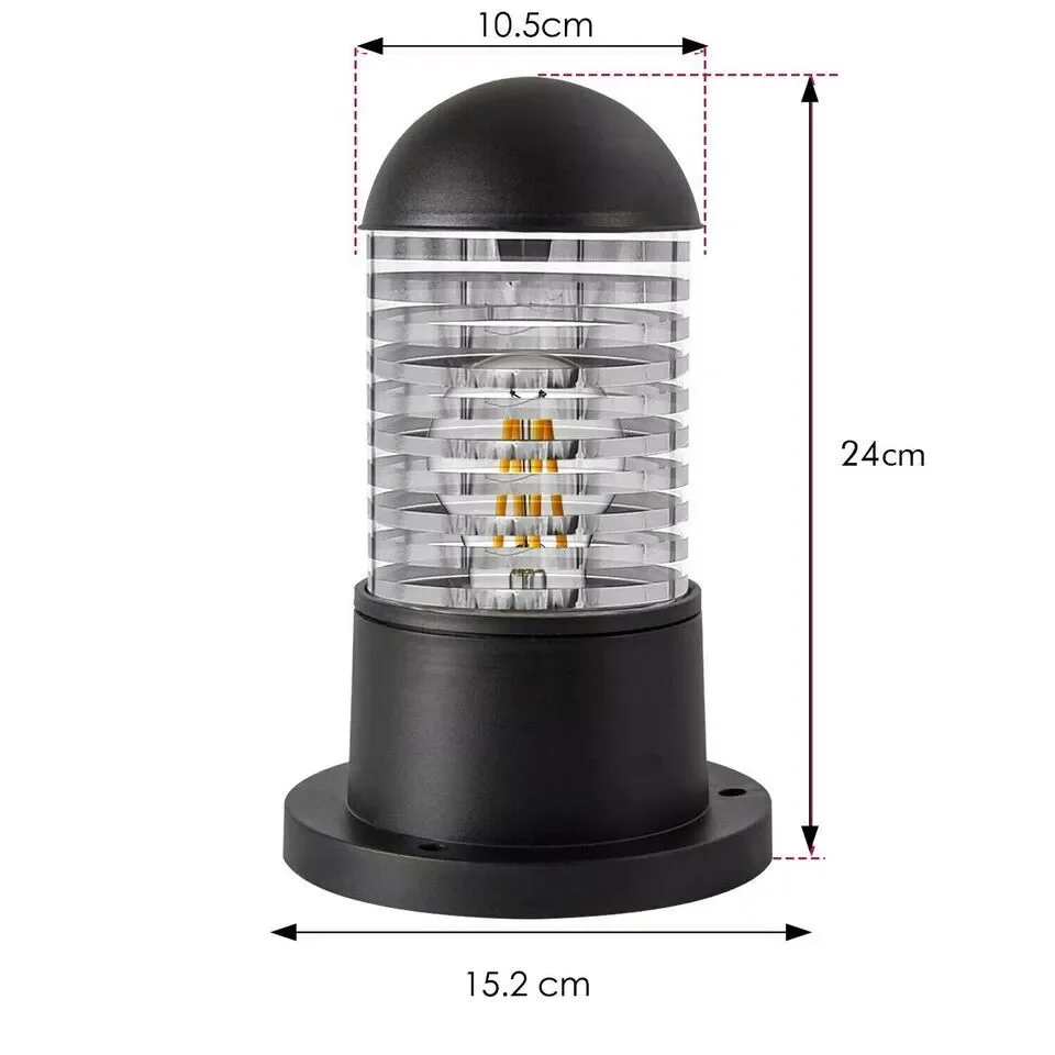 Black cylindrical bollard lamp with rippled glass shade, modern garden lighting for outdoor patios and pathways