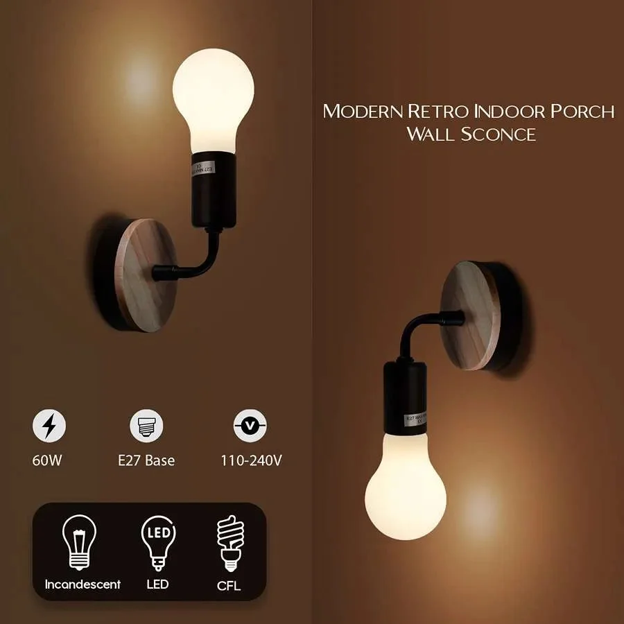 Industrial wall lamp with wooden holder and metal details, compatible with E27 bulbs, mounted on a white wall