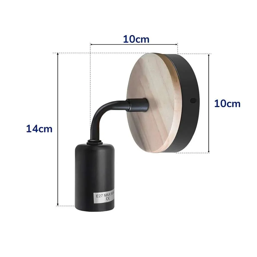 Vintage wall light with wood and metal design, E27 holder, mounted on a white wall, industrial style bedside lamp