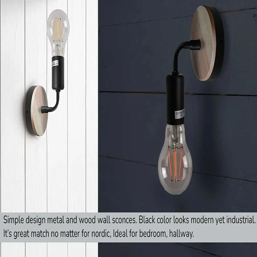 Wood and metal industrial style E27 bulb wall light mounted on bedroom wall with dimmable feature and vintage design
