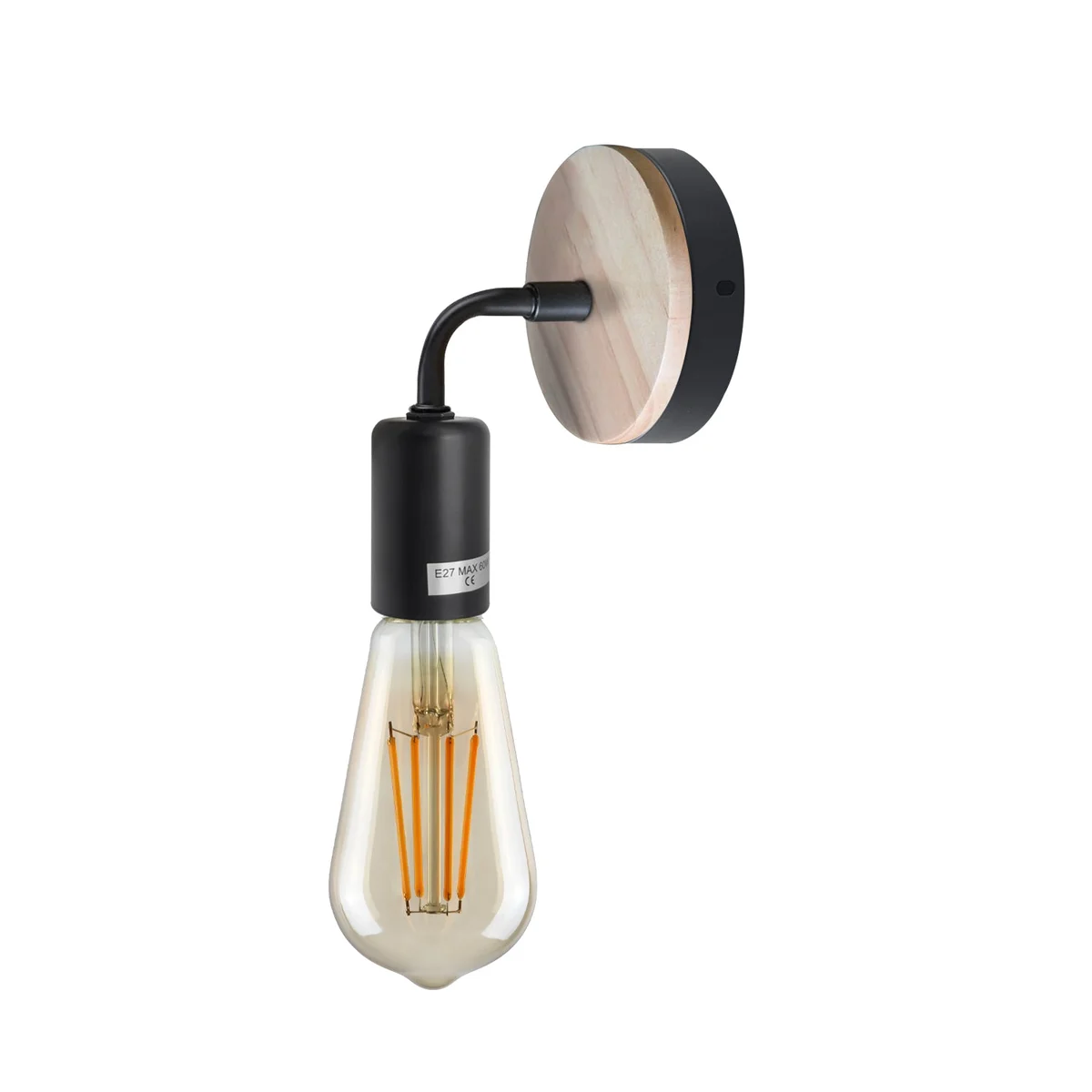 Wood bedside wall lamp with metal and wood design, industrial vintage style, dimmable, mounted on a white wall