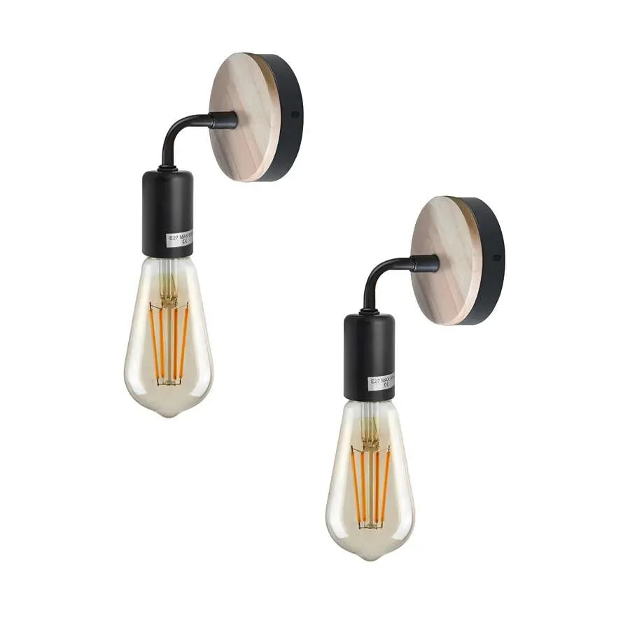 Wood bedside wall lamp with metal and wood design, vintage style, E27 bulb holder, mounted on a white wall