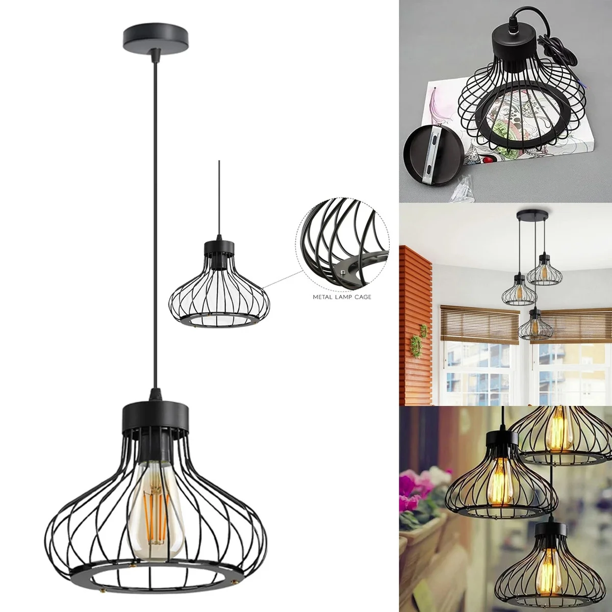 Black metal cage pendant light with single bulb, retro industrial design, hanging ceiling lamp for indoor use