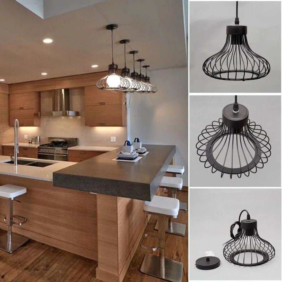 Black metal wire cage industrial style ceiling light pendant with adjustable PVC cable and E27 bulb fitting