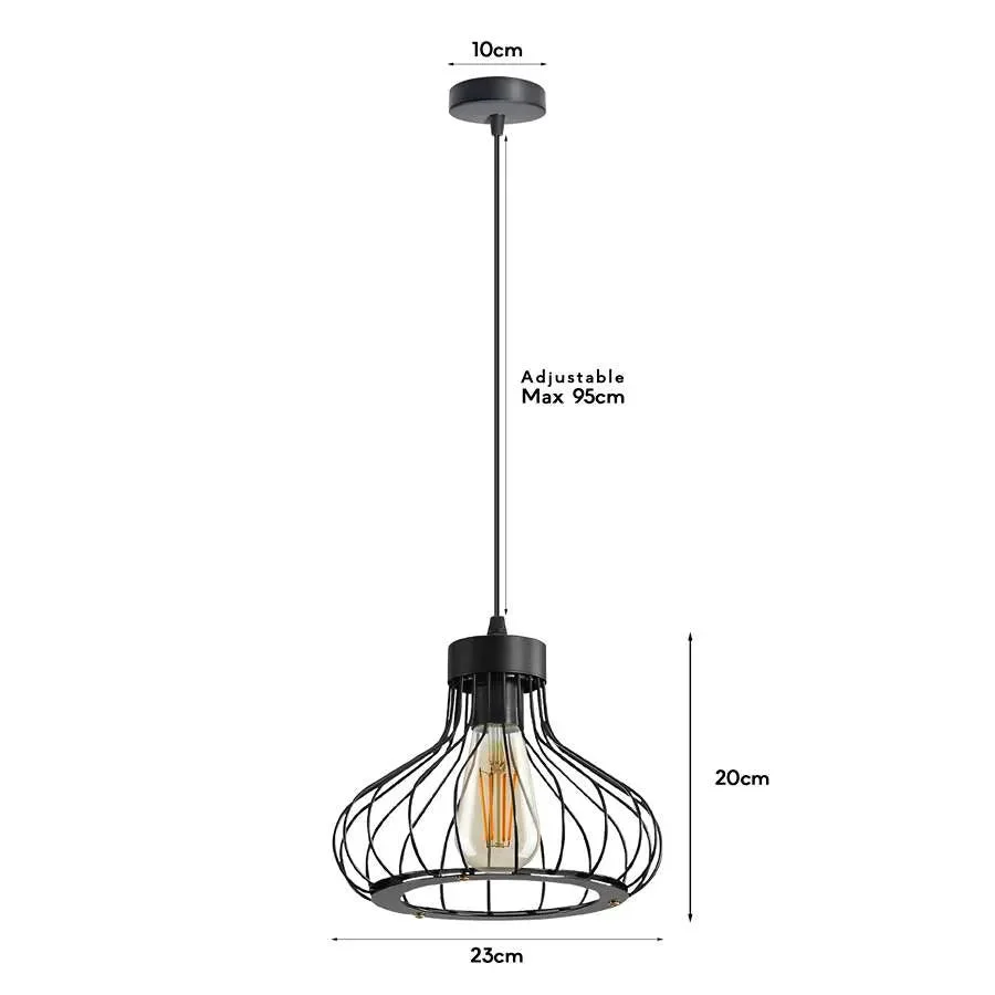 Black vintage wire cage lamp pendant light with metal shade hanging from adjustable PVC cable indoors