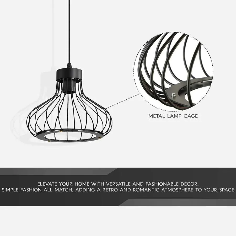 Black metal wire cage E27 bulb pendant light hanging from ceiling with visible cable and ceiling rose