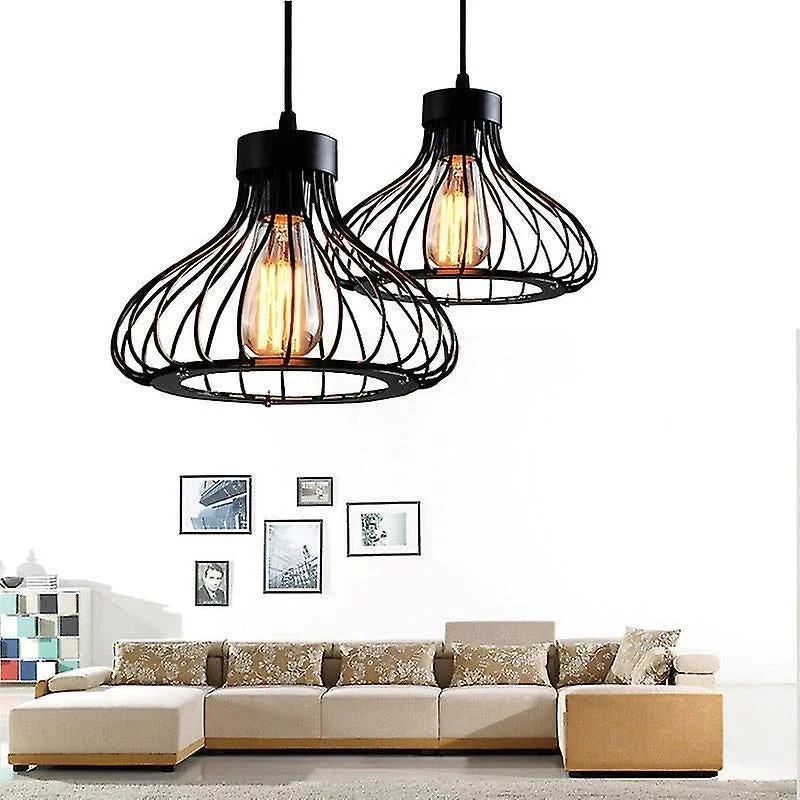 Black metal wire cage adjustable cable pendant light hanging with visible ceiling rose and PVC wiring