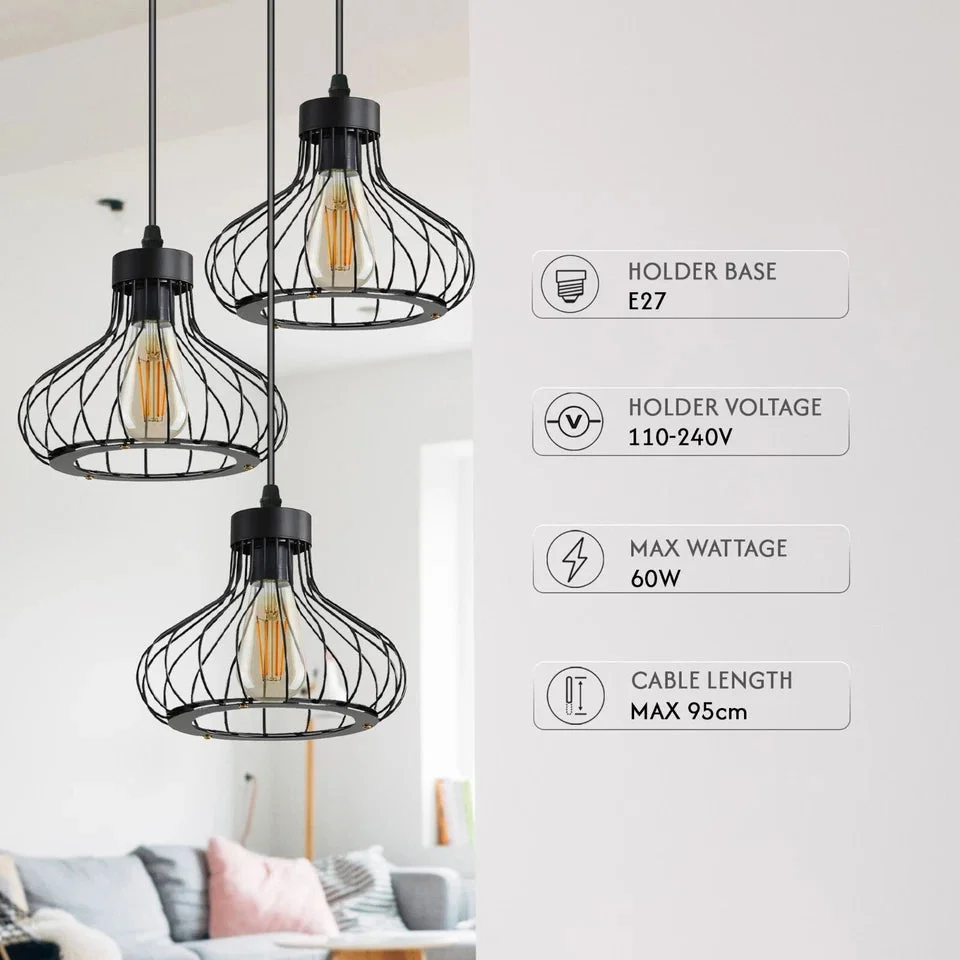 Black metal cage pendant light hanging from ceiling with visible E27 bulb inside, industrial vintage style lighting fixture