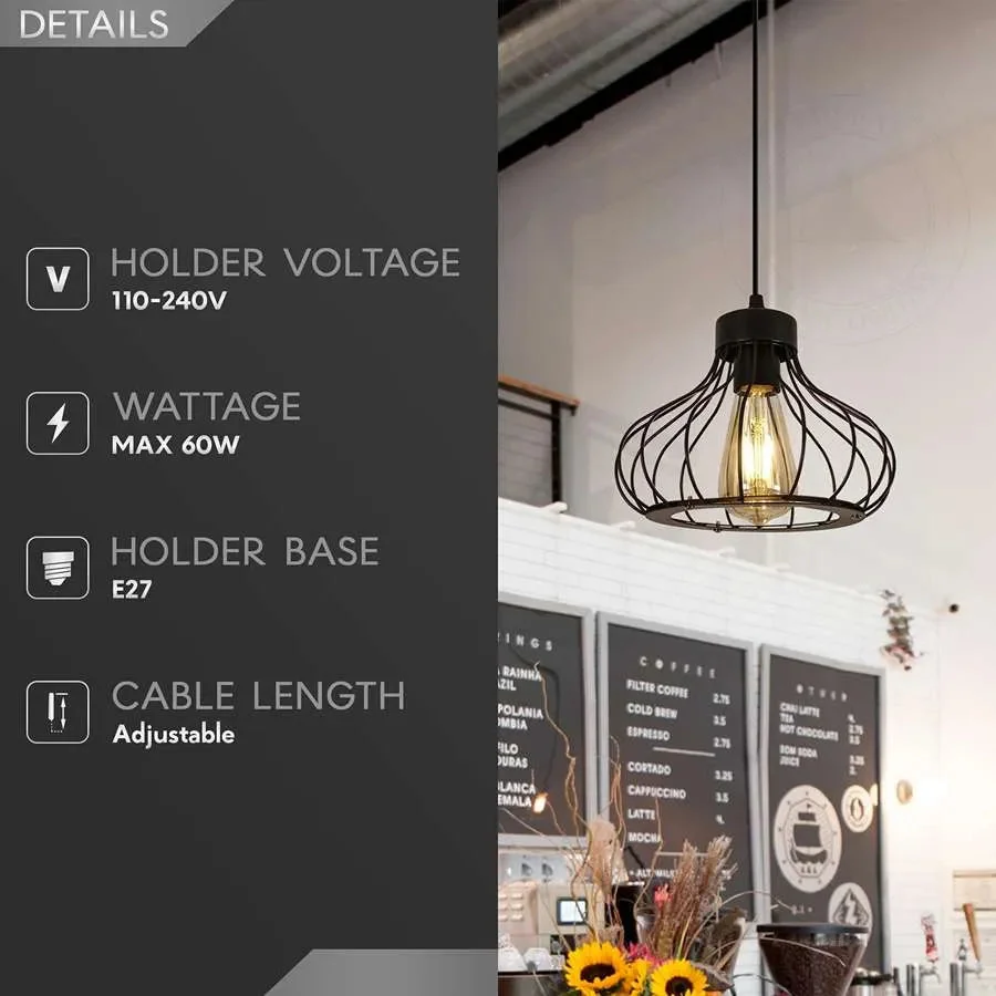 Black metal cage pendant light hanging from ceiling with adjustable PVC cable, vintage industrial style, E27 bulb compatible
