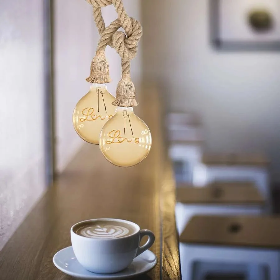Adjustable ceiling light with modern hemp rope design, double heads, and rustic vintage style for indoor use