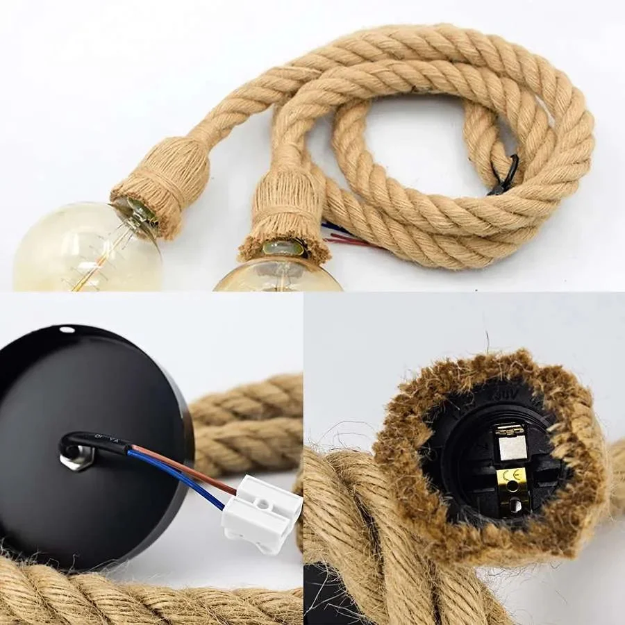 Modern hemp rope hanging pendant light with adjustable knots and E27 bulb pendant, ideal for cafes and bars.