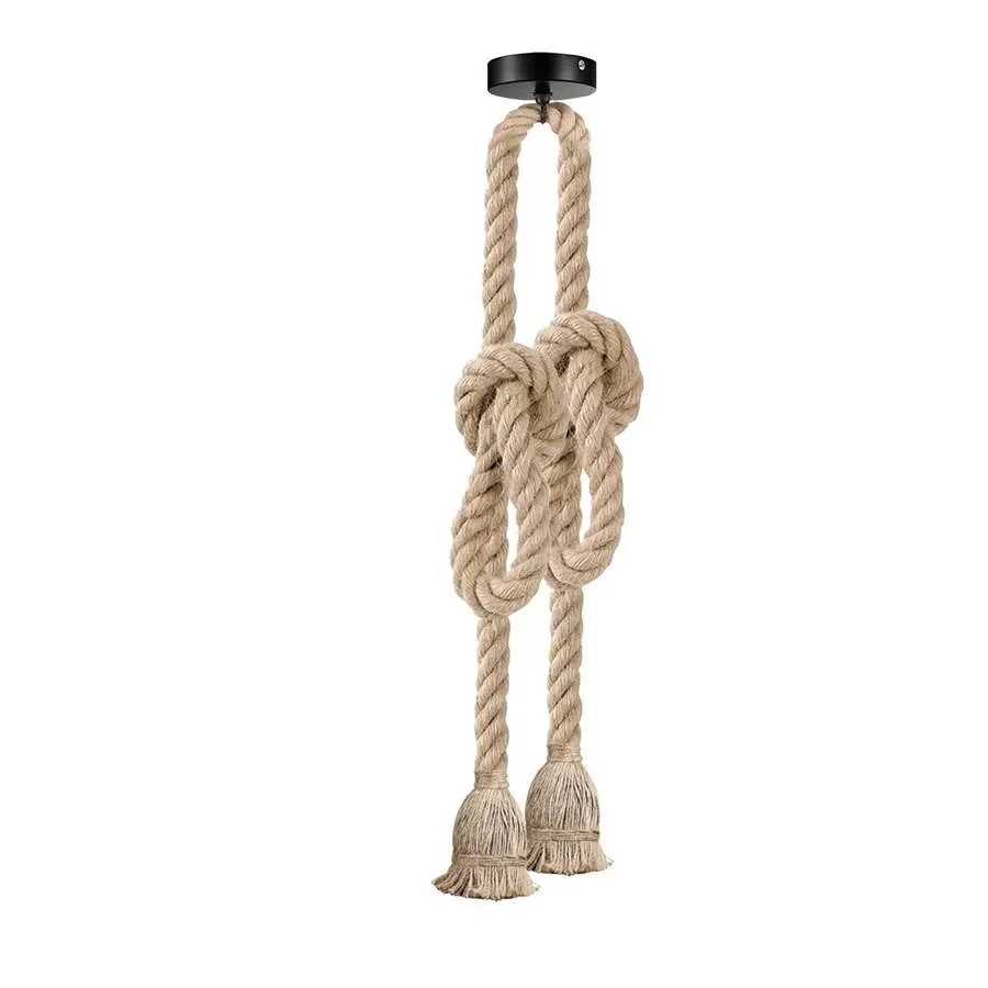 Modern hemp rope pendant light hanging from ceiling with adjustable knots and vintage style in cafe setting