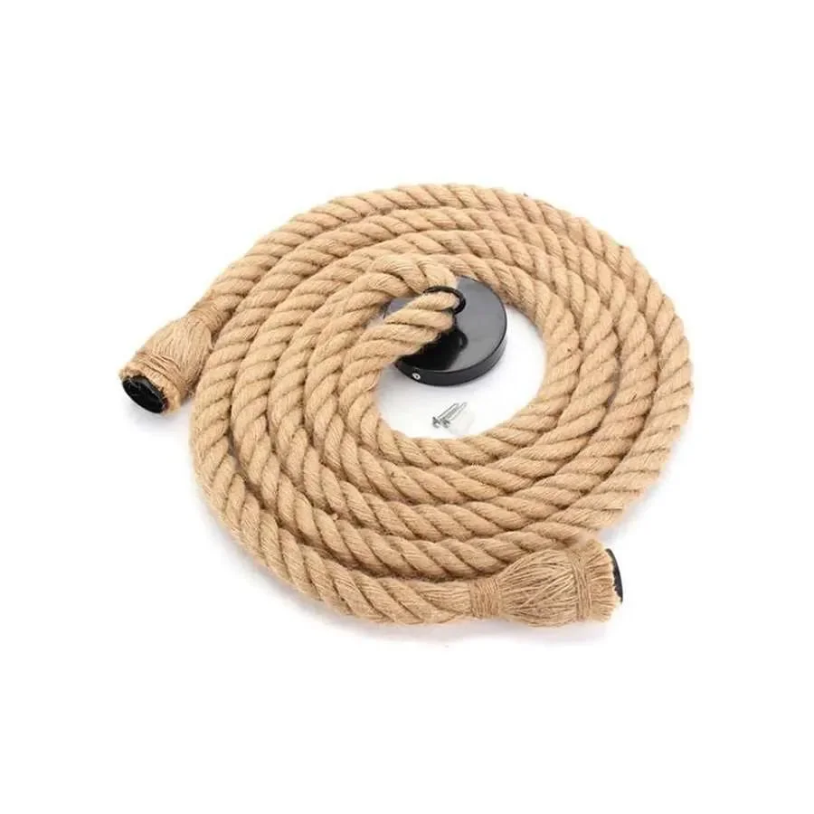 Hemp rope pendant light with adjustable knot design hanging from ceiling, suitable for cafe or bar lighting decor