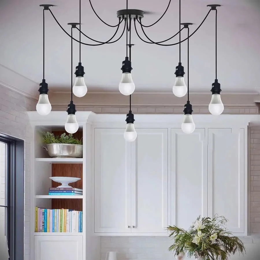 Modern black spider light chandelier with 8 adjustable fabric-covered PVC cords and metal ceiling plate, vintage industrial style