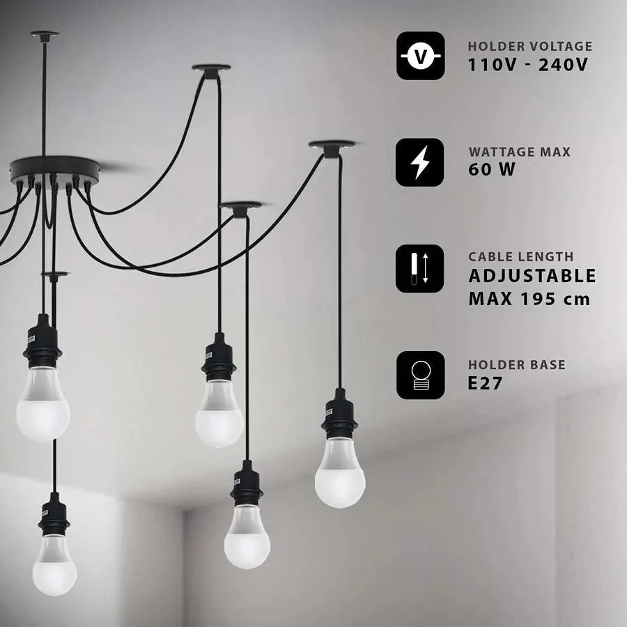Modern black industrial pendant light with 8 adjustable fabric-covered cords and metal ceiling plate hanging from ceiling