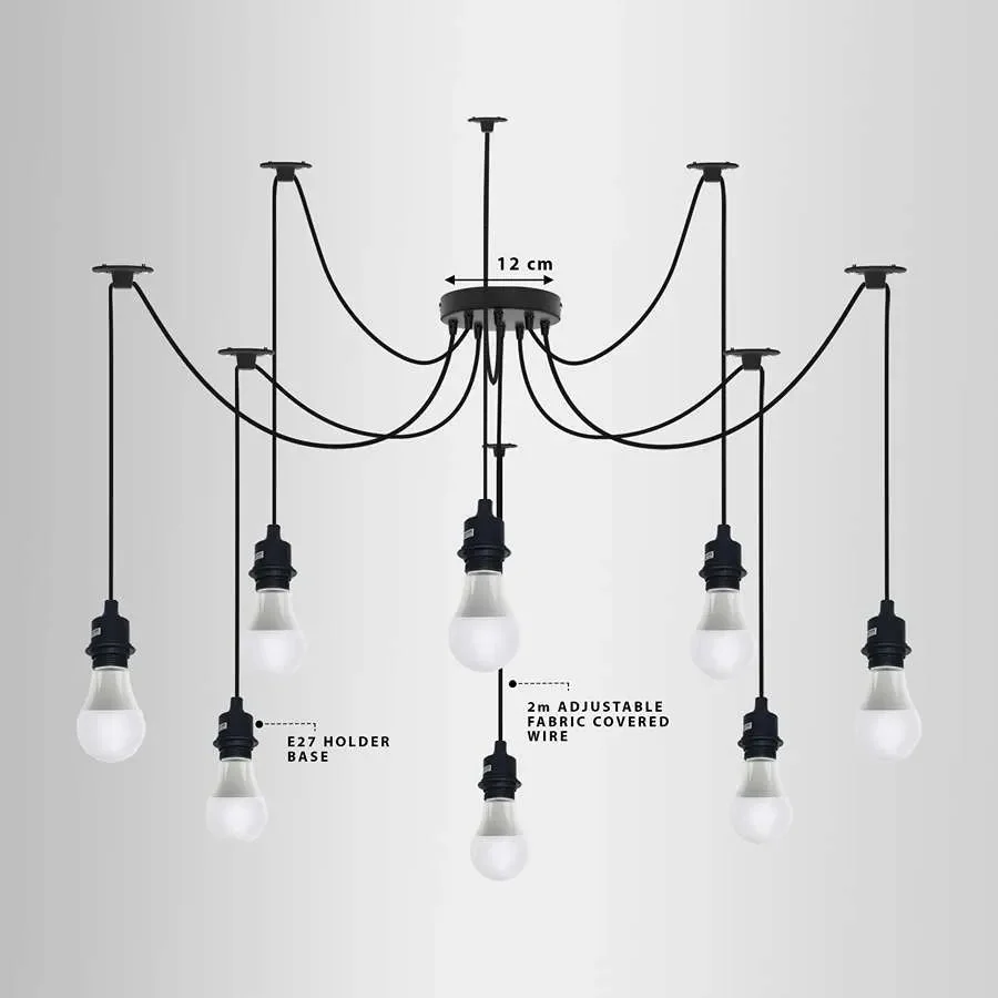 Modern black vintage ceiling light with eight adjustable fabric-covered cables and metal ceiling plate hanging indoors