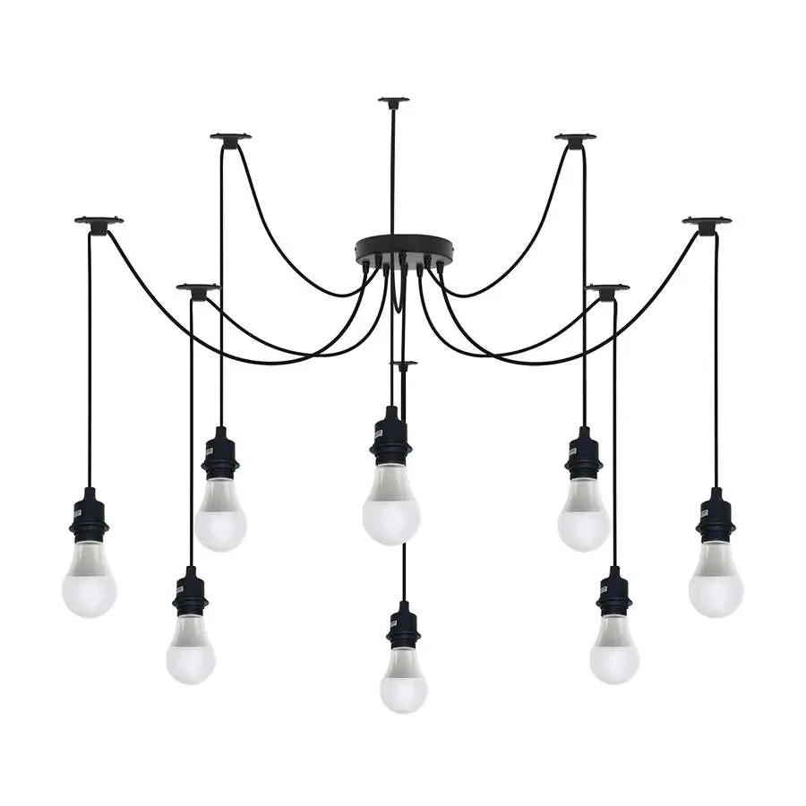 Modern black industrial adjustable pendant lamp with eight fabric-covered cables hanging from metal ceiling plate