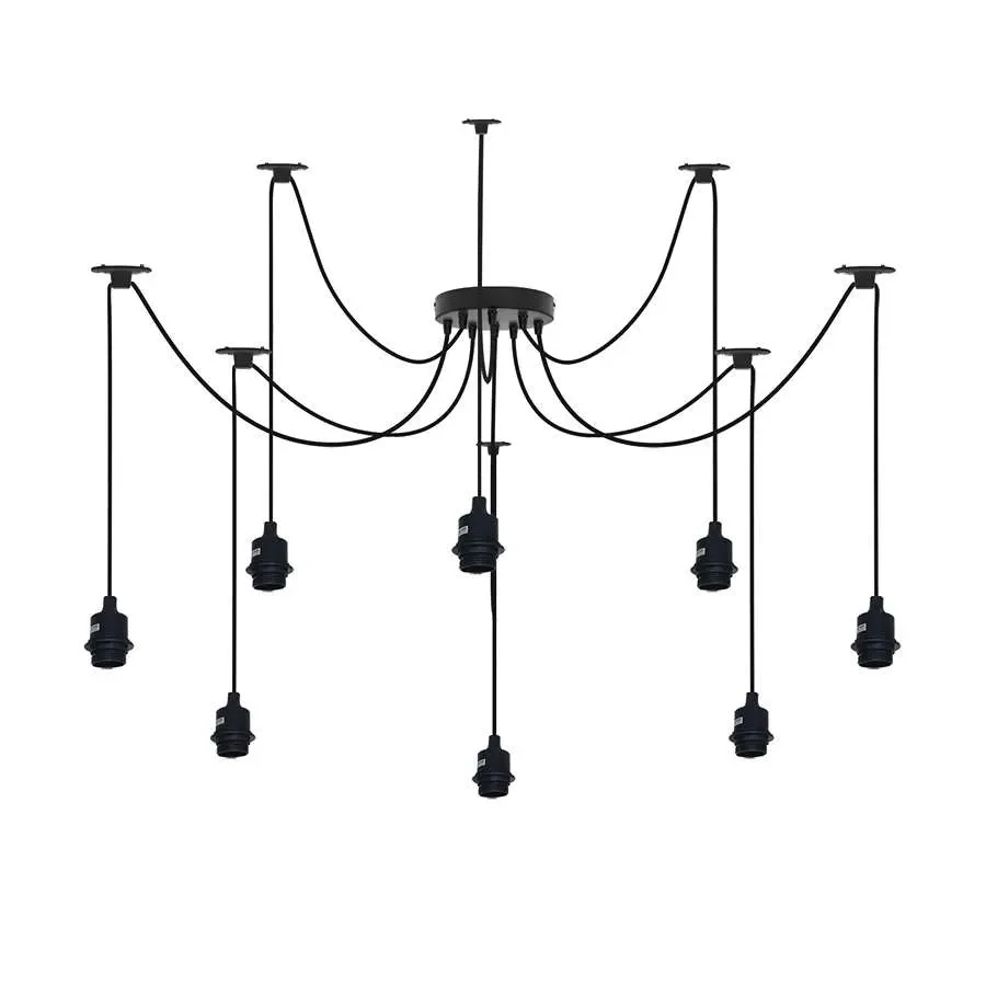 Modern black industrial style E27 bulb chandelier with 8 adjustable fabric-covered PVC cords hanging from metal ceiling plate