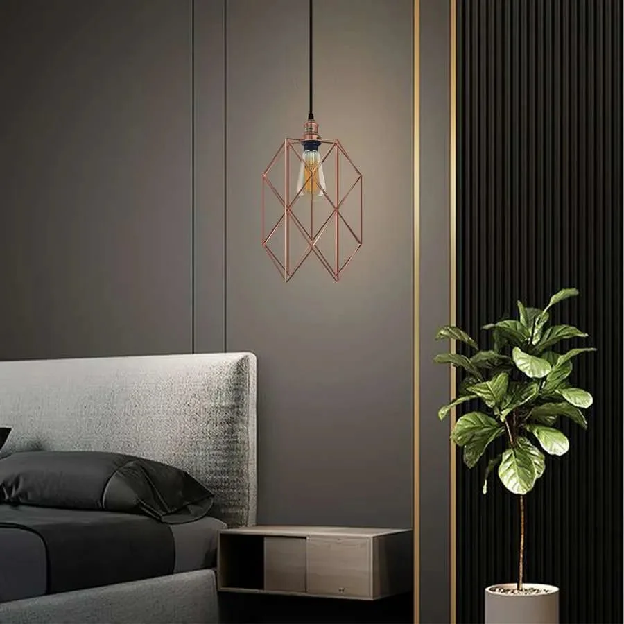 Copper metal wire cage vintage pendant light with black ceiling mount and 1m cable, E27 bulb holder included