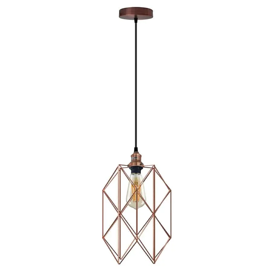 Copper finish pendant light with metal wire cage shade hanging from ceiling, vintage style with modern black accents