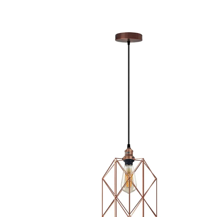 Copper metal wire cage E27 bulb pendant light hanging from ceiling with black cable and copper finish shade