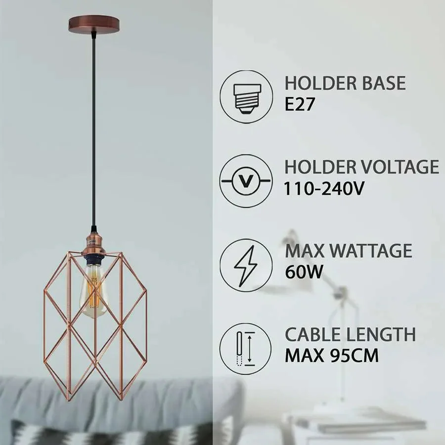 Copper metal wire cage pendant light with black finish, hanging, showcasing industrial style lighting in a modern room setting