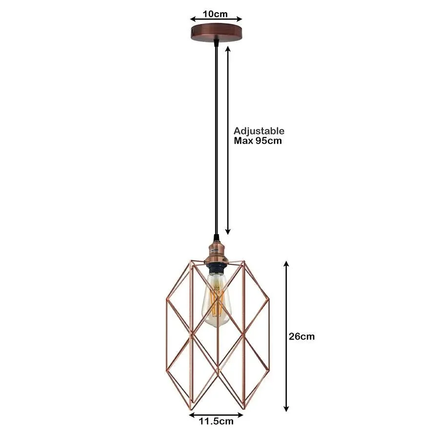 Copper metal cage pendant light with vintage design hanging from ceiling, showing black cable and mounting rose
