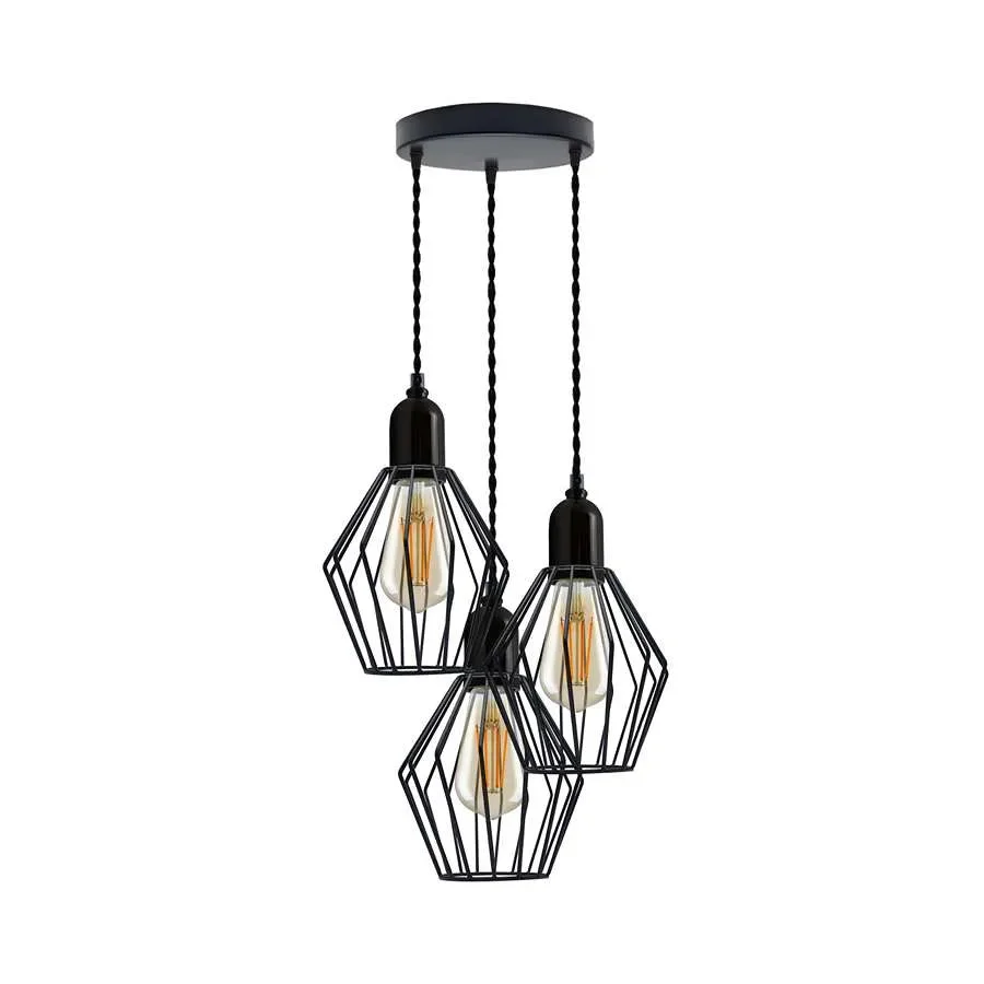Black cage pendant with three adjustable twisted cords and round ceiling rose in industrial style lighting fixture