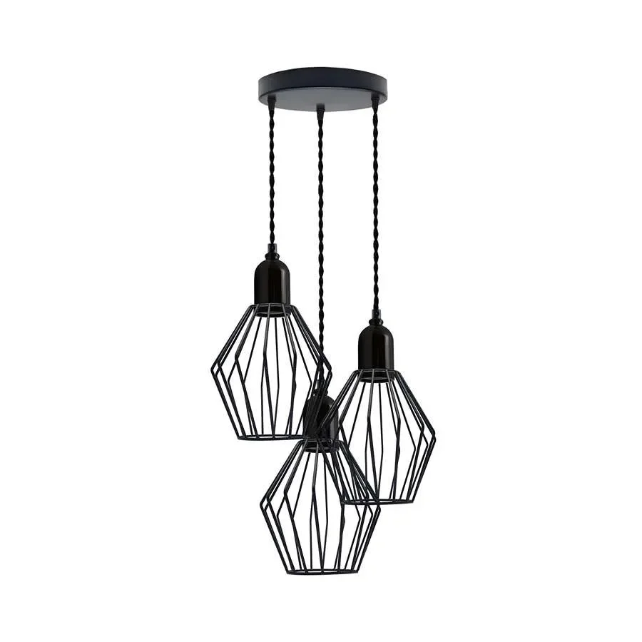 Black 3-light cluster pendant with wire cage, adjustable ceiling light hanging from twisted cord in industrial style