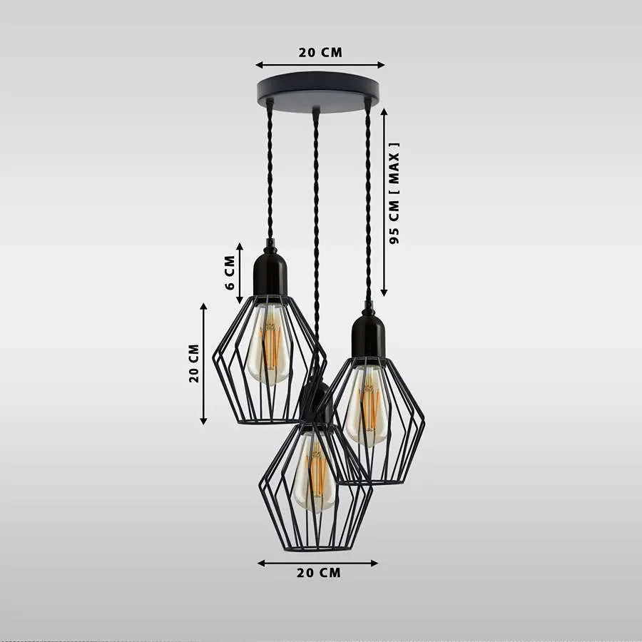 Black industrial 3-light cluster pendant with wire cage and adjustable cord, compatible with E27 bulb pendant fittings