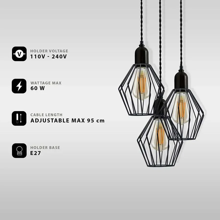 Black industrial style dimmable cluster light with three wire cage bulbs hanging from adjustable twisted cord ceiling fixture