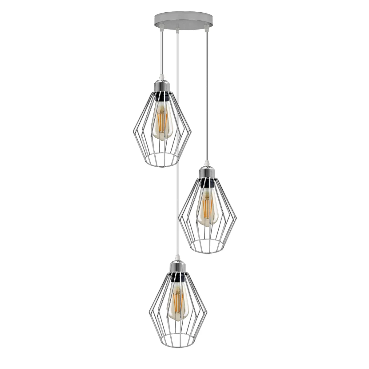 Black industrial 3 light cluster pendant with three wire cage shades hanging from twisted cords against white background