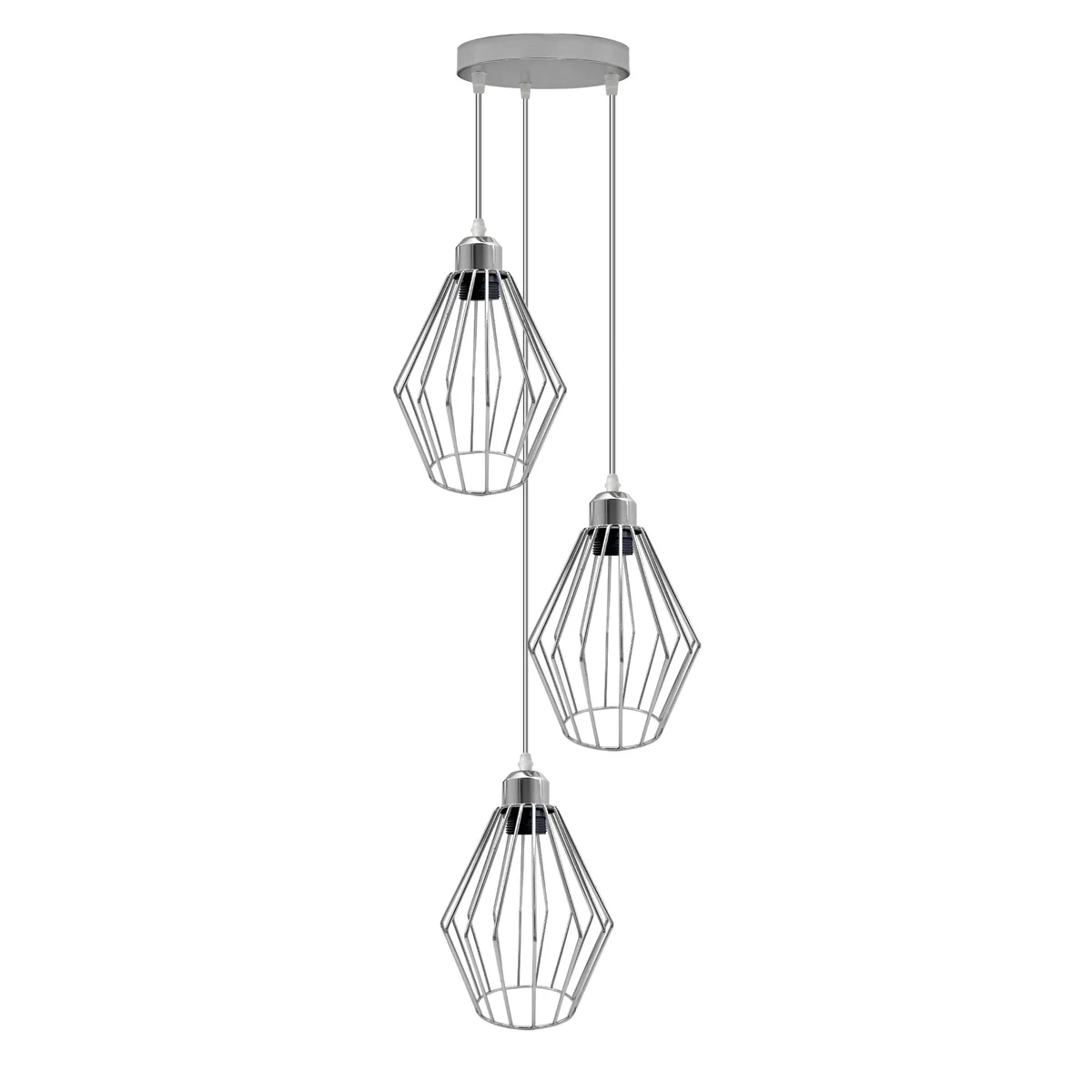 Black industrial 3 light cluster pendant with round wire cage shades and adjustable twisted cord hanging from ceiling rose