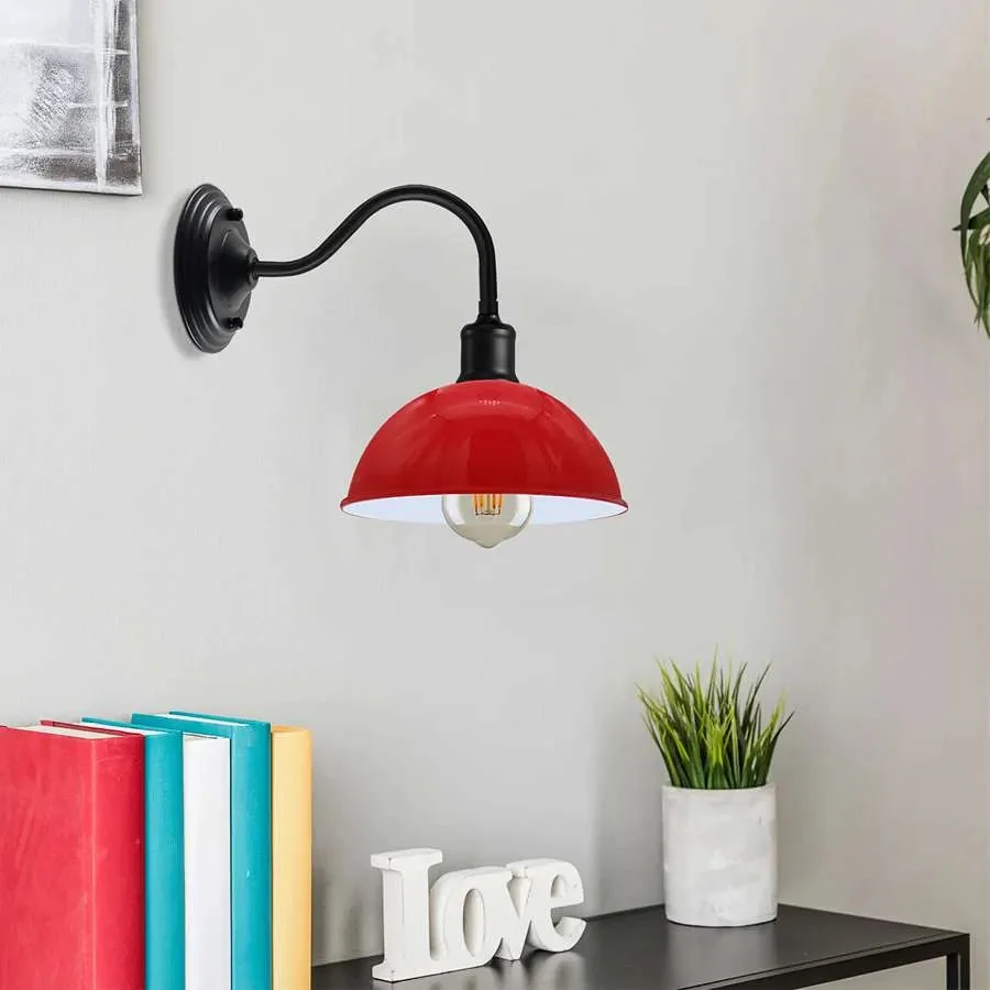 Industrial wall lamp with swan neck arm and metal dome shade in vintage industrial style, E27 bulb fitting visible
