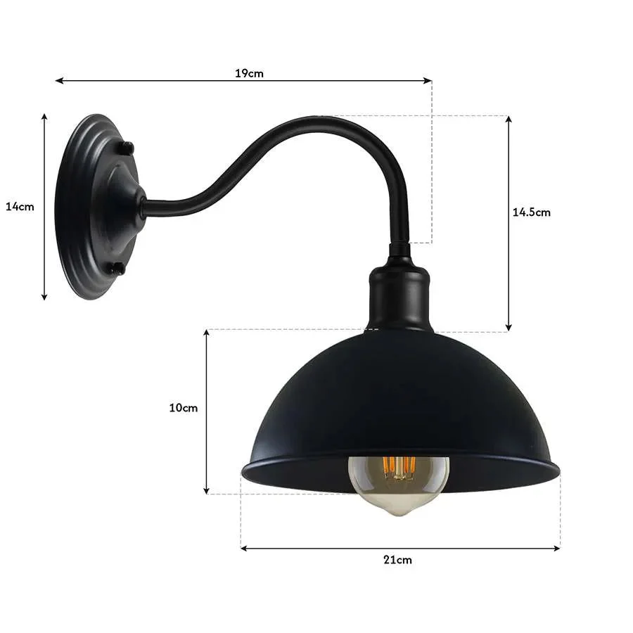 Industrial swan neck dimmable E27 wall lamp with curved arm and metal dome shade mounted on a wall in vintage style