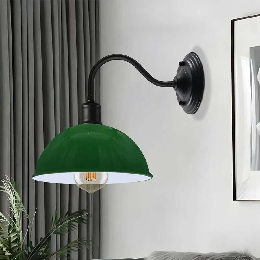 Industrial swan neck wall light with metal dome shade, ideal bedside wall lighting for directed task illumination.
