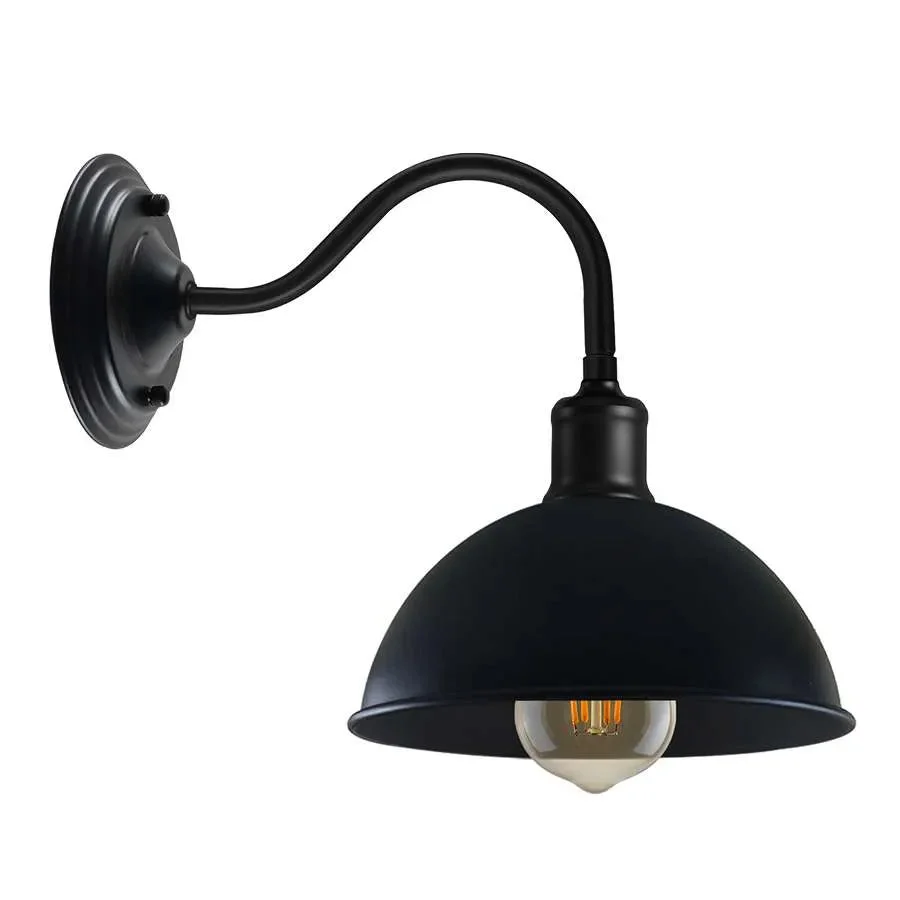 Industrial wall lamp with curved swan neck arm and metal dome shade mounted on a wall, E27 bulb holder visible