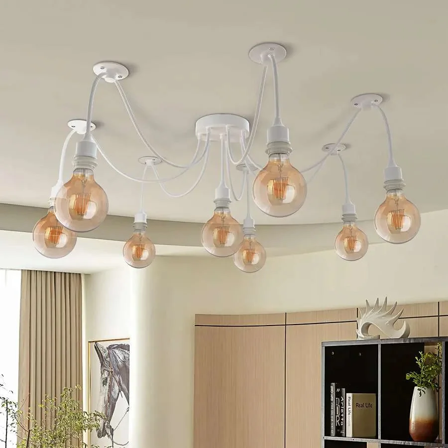 White industrial vintage 8 way spider pendant light with adjustable fabric covered cables and metal ceiling rose