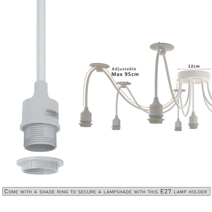 White industrial style 8 way adjustable cable pendant light with metal ceiling rose and fabric covered cables