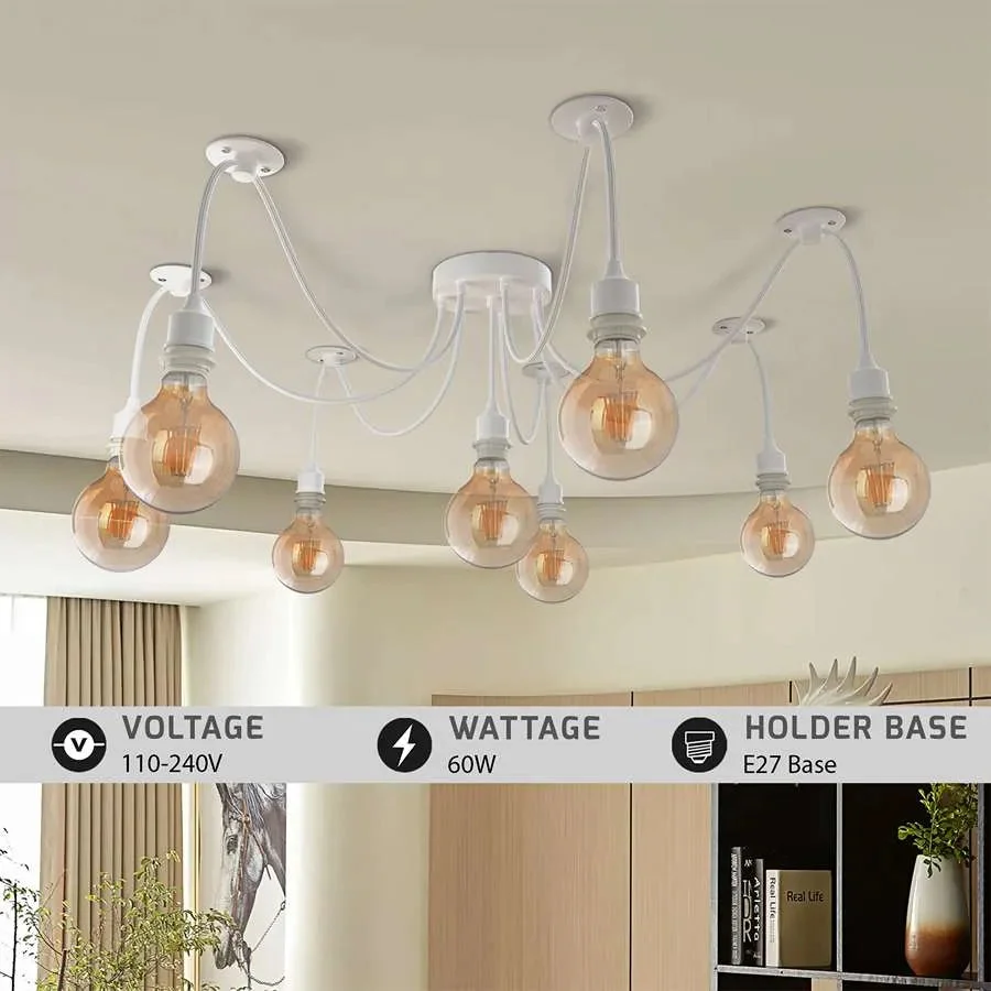 White vintage industrial 8 way spider light with adjustable cables and E27 bulb pendant hanging from ceiling rose