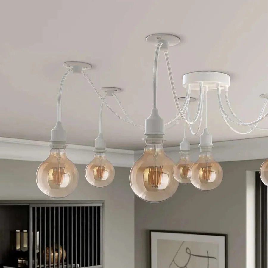 White ceiling light with 8 adjustable fabric-covered cables and metal ceiling rose in vintage industrial style