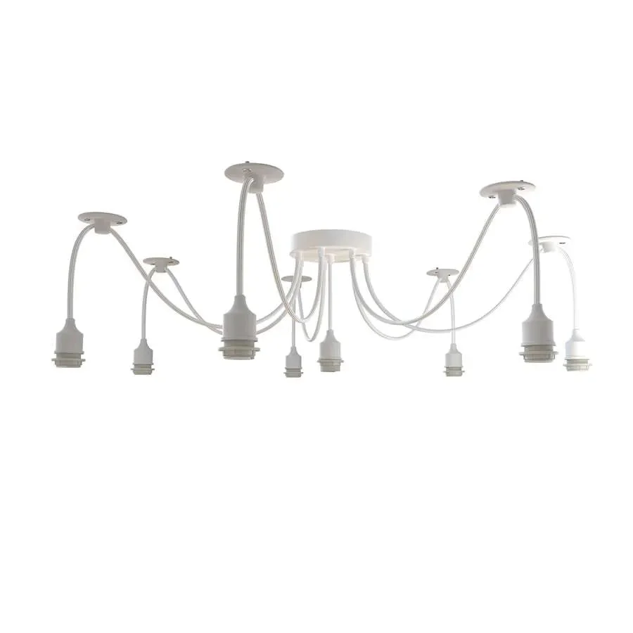 White vintage industrial 8 way spider indoor hanging light with adjustable fabric covered cables and metal ceiling rose