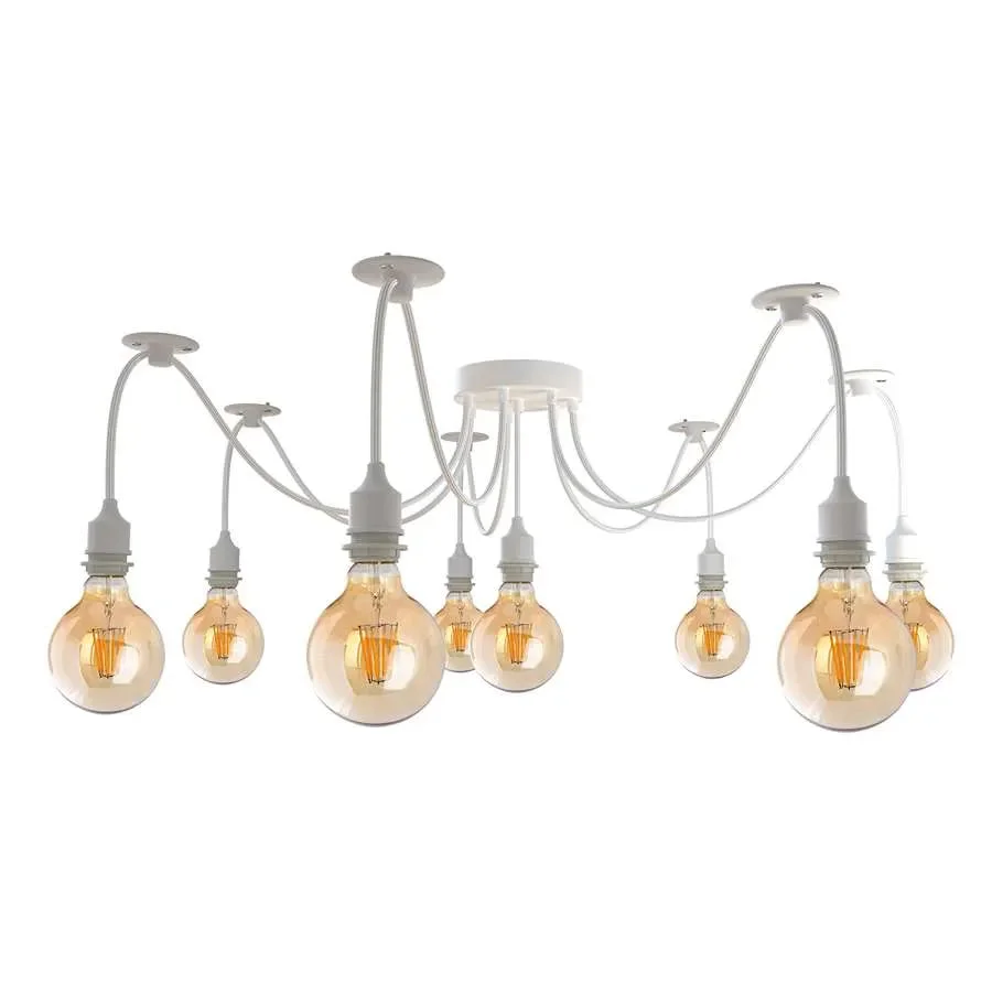 White industrial style spider pendant light with 8 adjustable fabric-covered cables and ceiling rose, E27 bulb holders visible