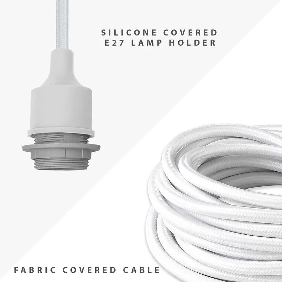 White industrial style spider pendant light with 8 adjustable fabric-covered cables and E27 bulb holders hanging from ceiling rose