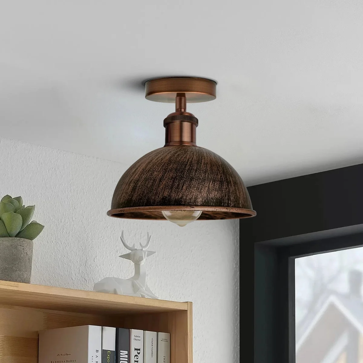 Brushed copper ceiling light with dome-shaped metal shade and vintage industrial finish, designed for E27 bulbs