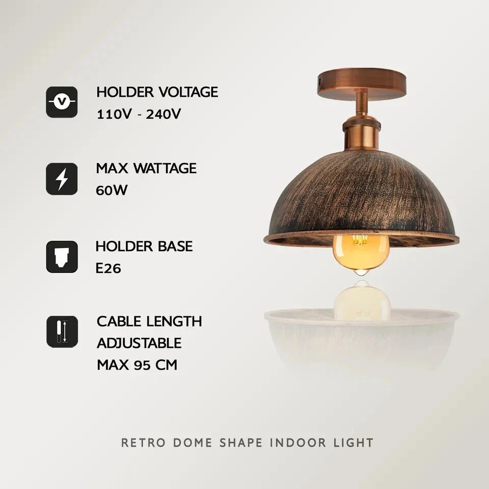 Brushed copper dome industrial ceiling light fitting with E27 holder and metal shade against white background