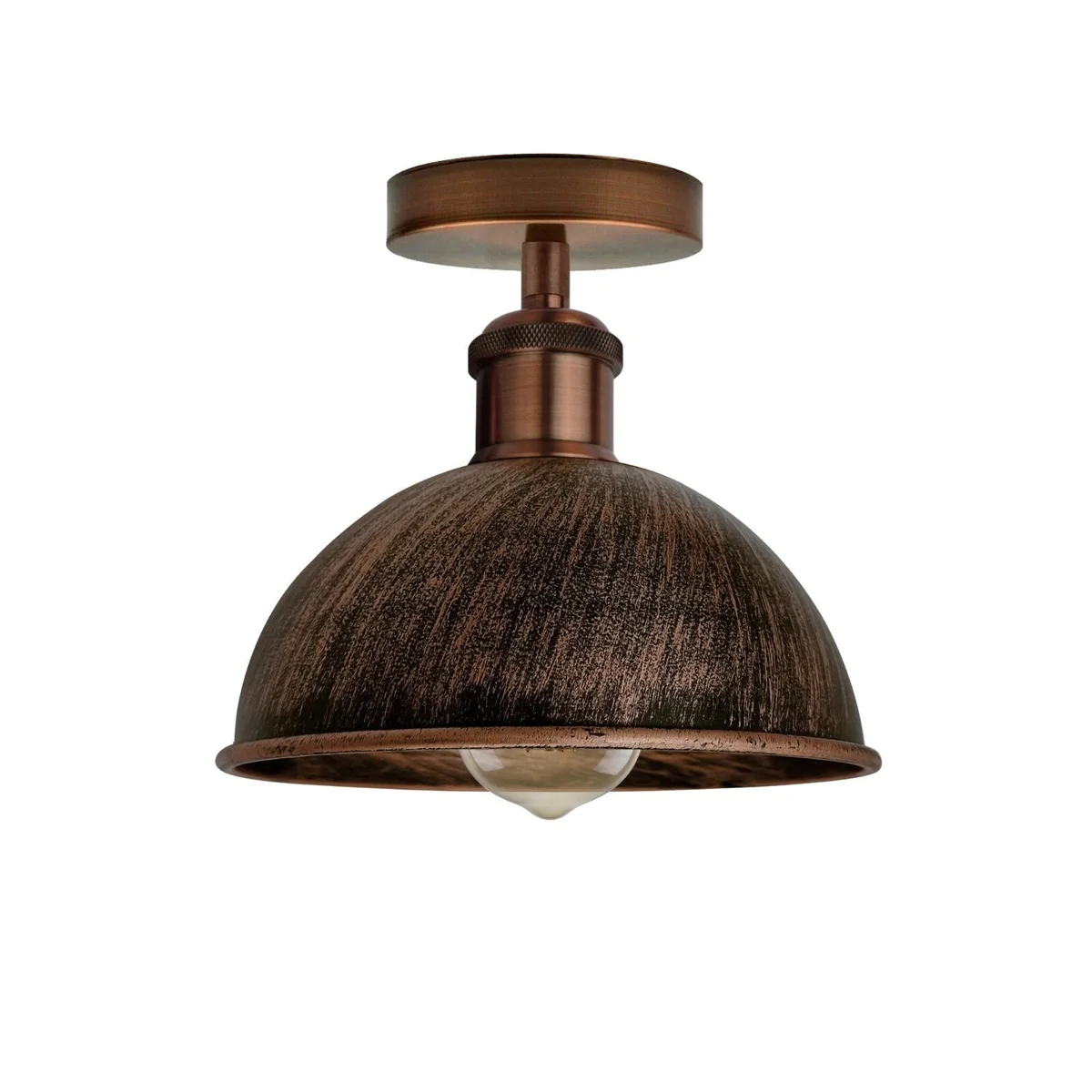 Brushed copper dome E27 ceiling light with vintage finish and metal shade, shown from side angle against white background
