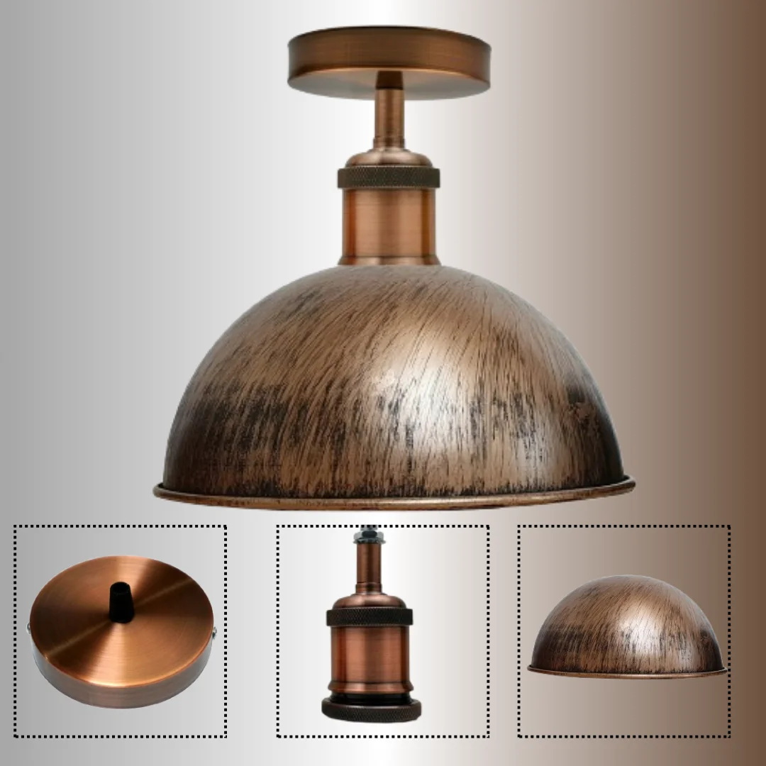 Brushed copper metal dome pendant light with smooth hemispherical shade and E27 socket, shown against white background